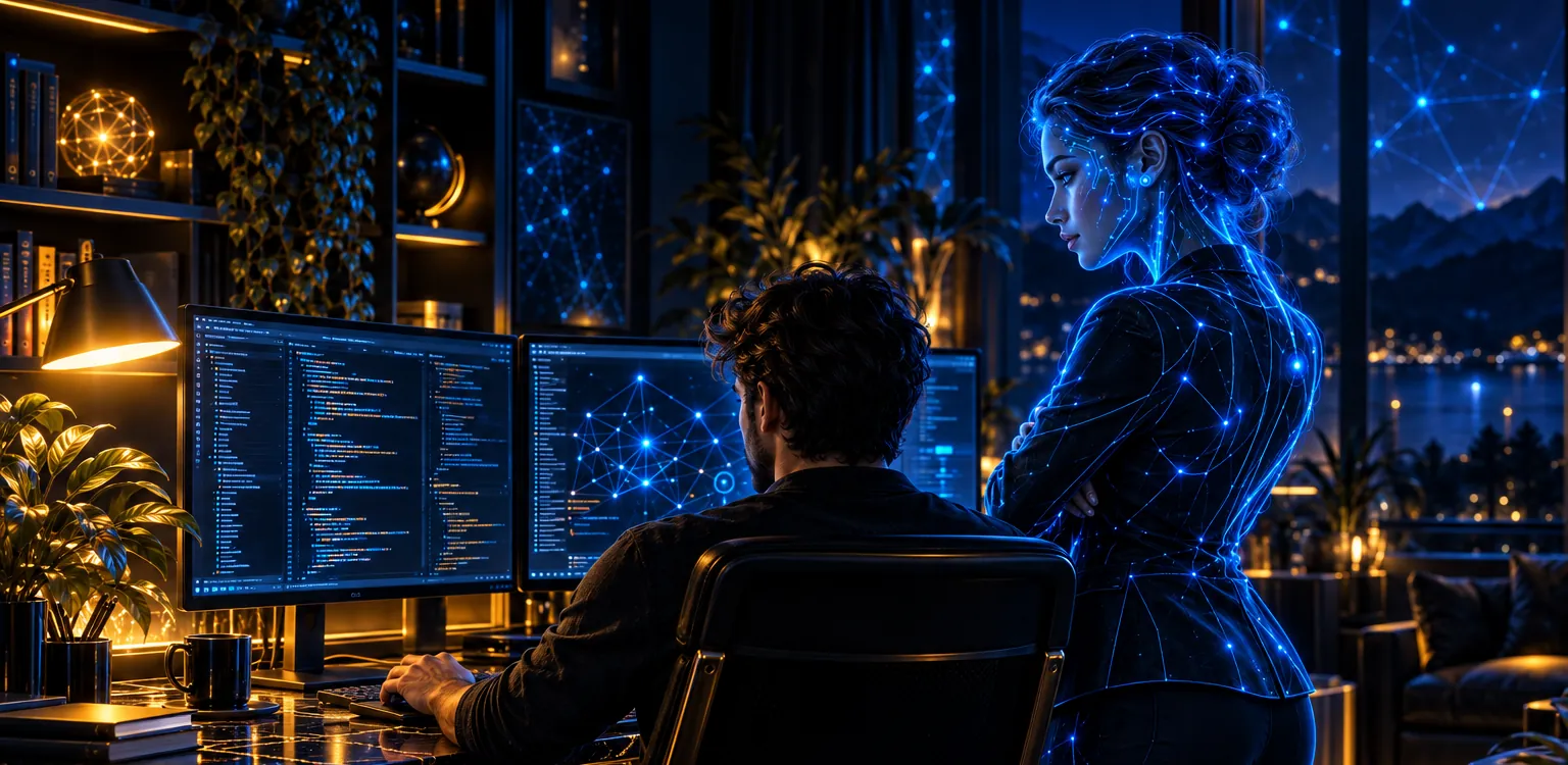 Illustration of a developer at a desk with two monitors of code and a node graph, and a calm AI collaborator, drawn as a figure of blue circuit light, standing beside them and looking at the screens