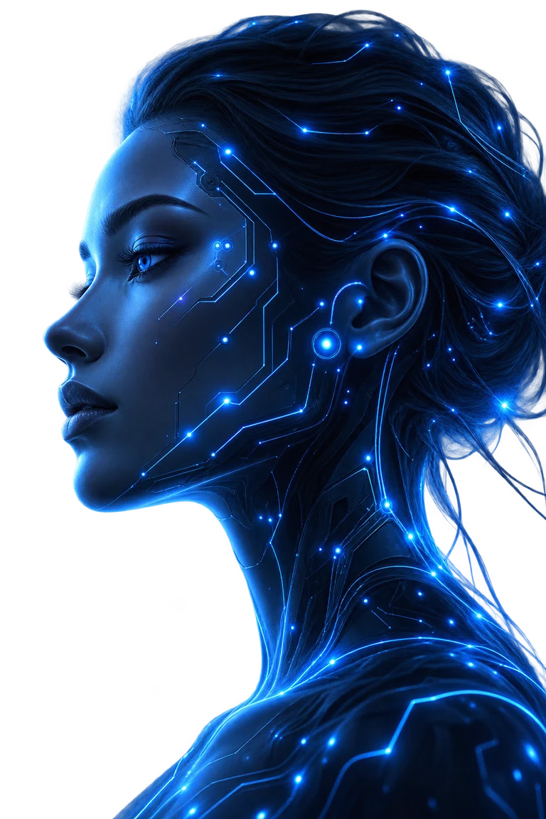 A stylised AI face in profile, lit by blue circuit lines
