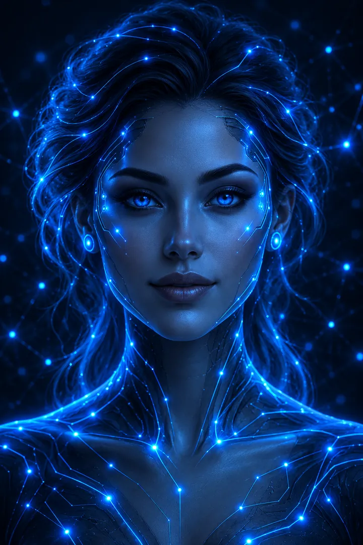 A stylised AI face looking at you, lit by blue circuit lines